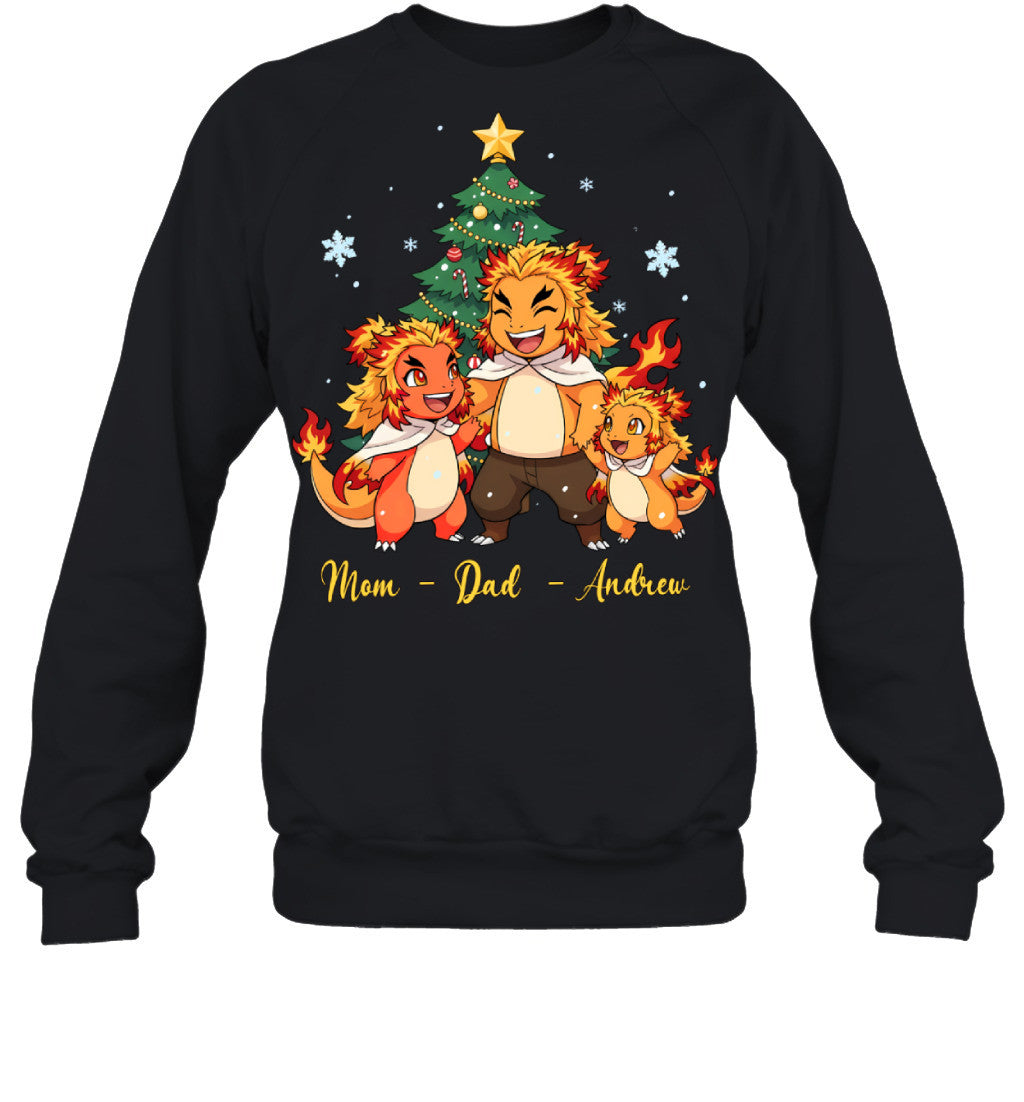 Charmander x Rengoku Parents & Son Custom Name Christmas T-Shirt for Family