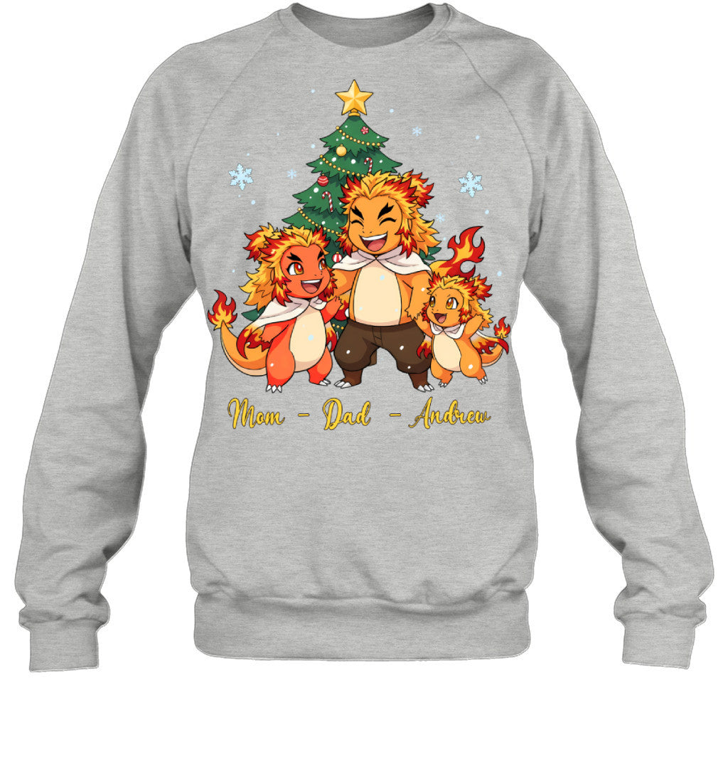 Charmander x Rengoku Parents & Son Custom Name Christmas T-Shirt for Family