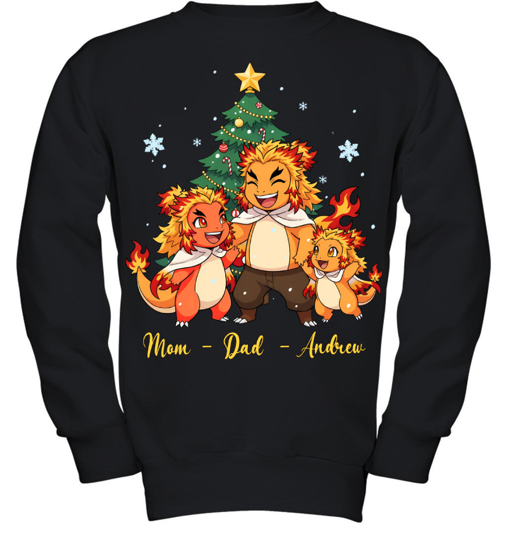 Charmander x Rengoku Parents & Son Custom Name Christmas T-Shirt for Family
