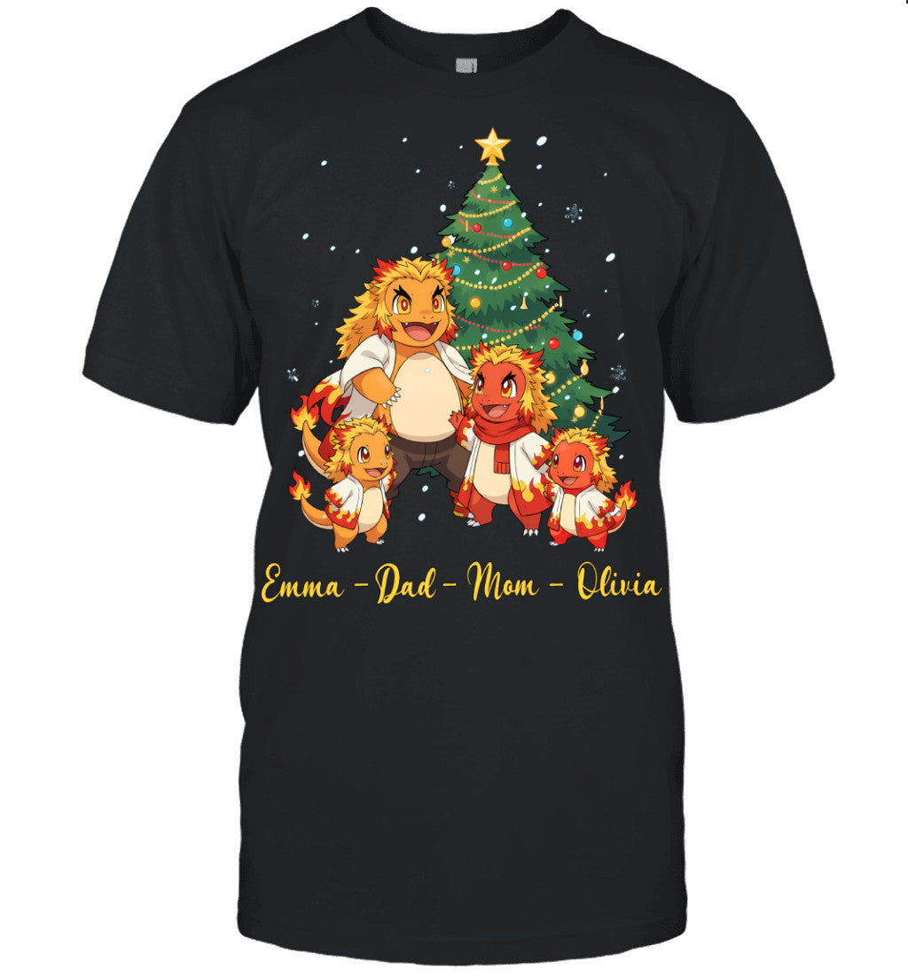 Charmander x Rengoku Parents & Kids Custom Name Christmas T-Shirt for Family