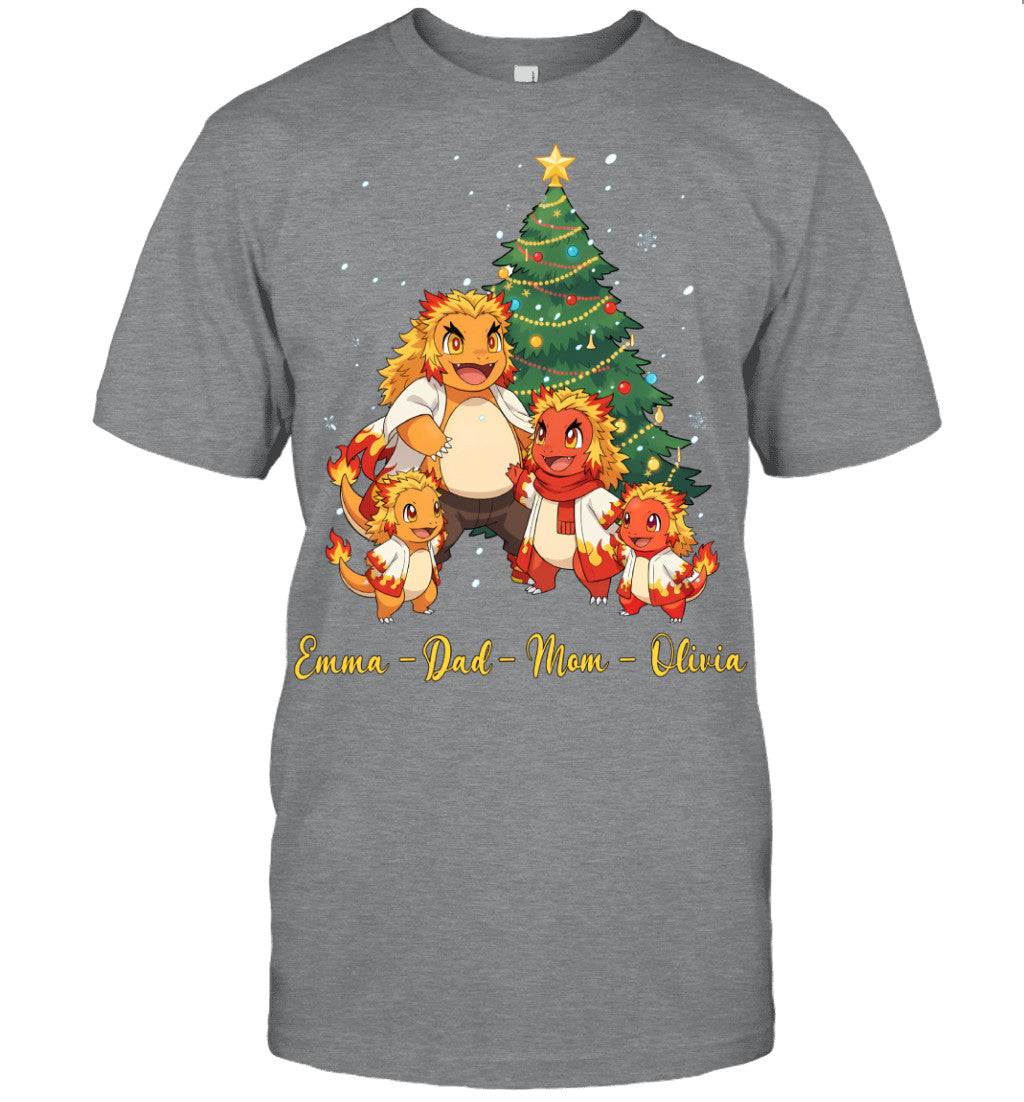 Charmander x Rengoku Parents & Kids Custom Name Christmas T-Shirt for Family