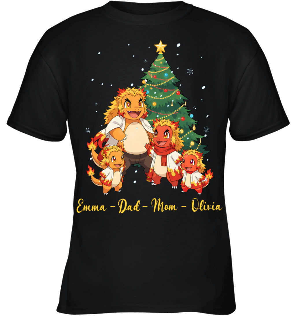 Charmander x Rengoku Parents & Kids Custom Name Christmas T-Shirt for Family