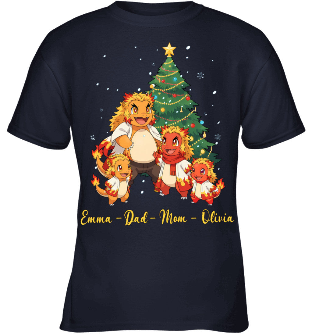 Charmander x Rengoku Parents & Kids Custom Name Christmas T-Shirt for Family