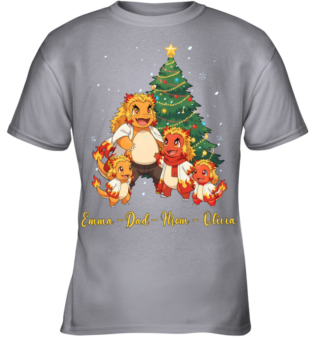 Charmander x Rengoku Parents & Kids Custom Name Christmas T-Shirt for Family