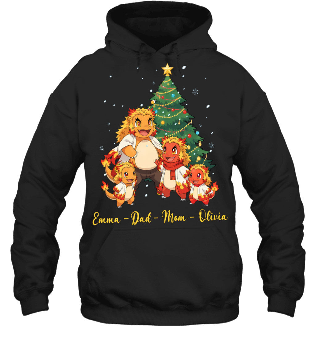 Charmander x Rengoku Parents & Kids Custom Name Christmas T-Shirt for Family