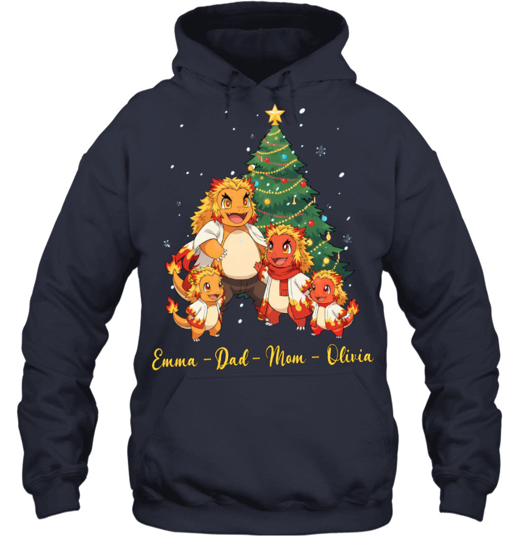 Charmander x Rengoku Parents & Kids Custom Name Christmas T-Shirt for Family
