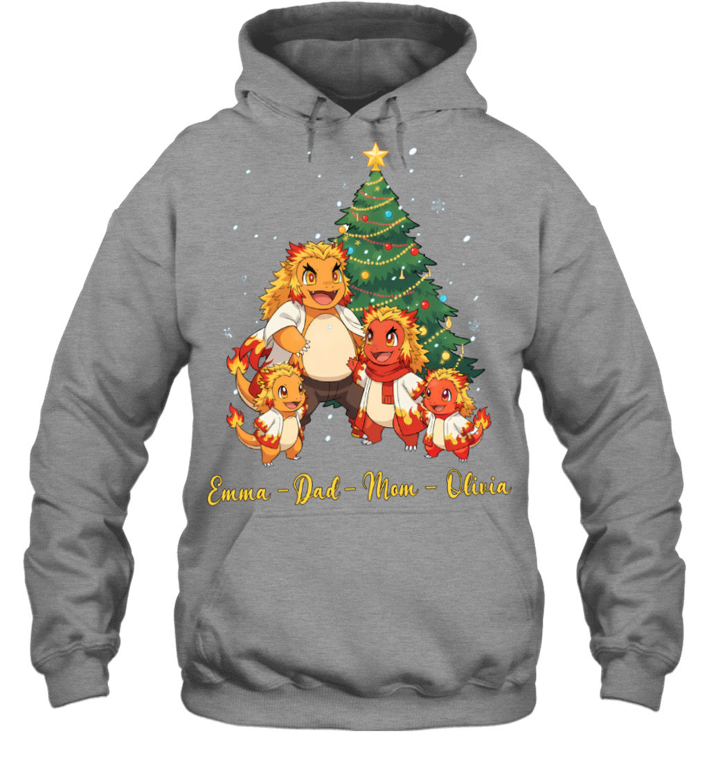Charmander x Rengoku Parents & Kids Custom Name Christmas T-Shirt for Family