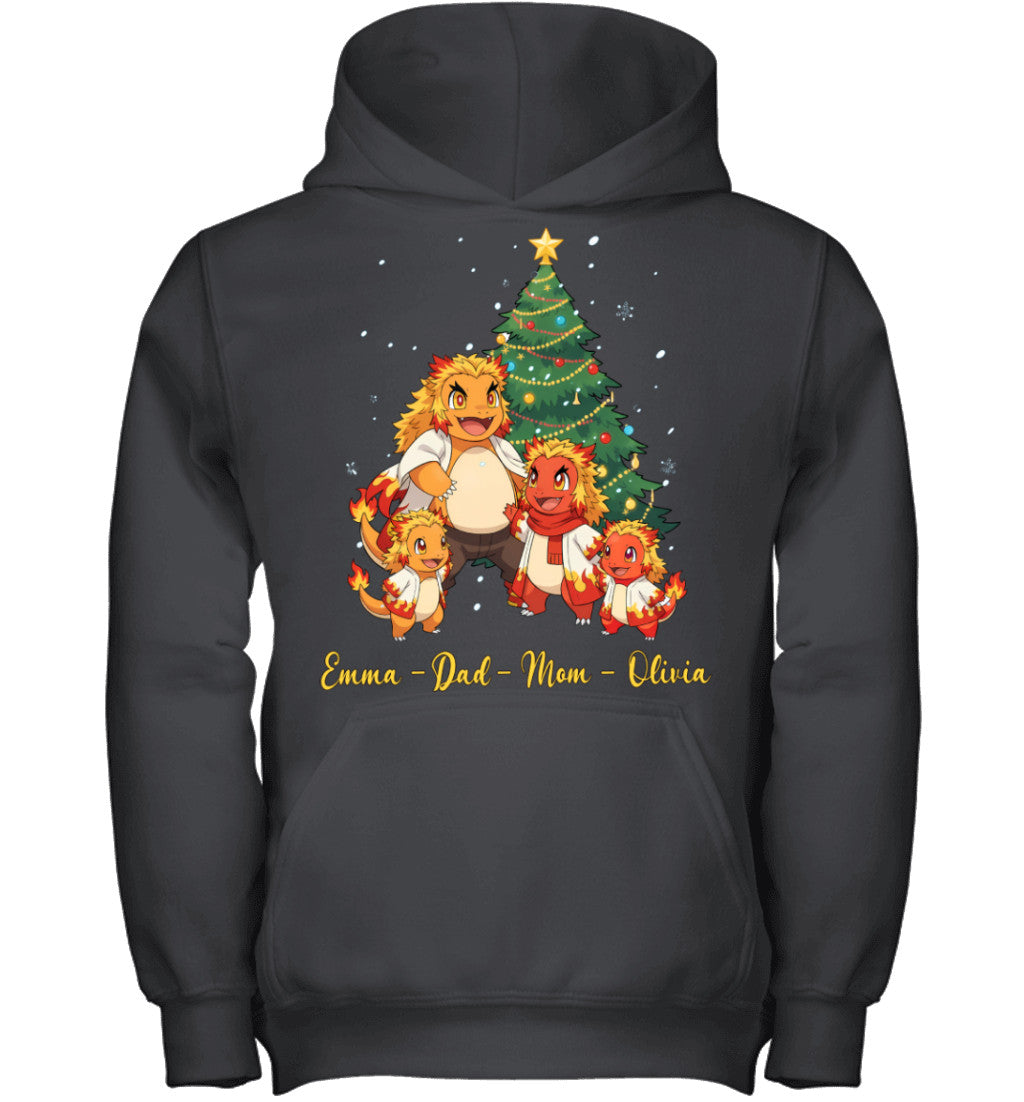 Charmander x Rengoku Parents & Kids Custom Name Christmas T-Shirt for Family