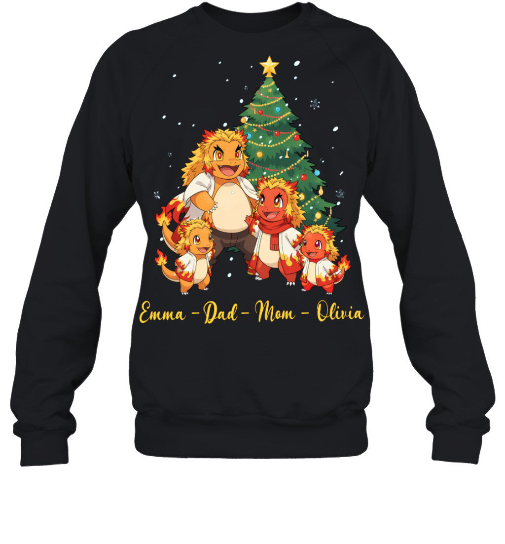Charmander x Rengoku Parents & Kids Custom Name Christmas T-Shirt for Family