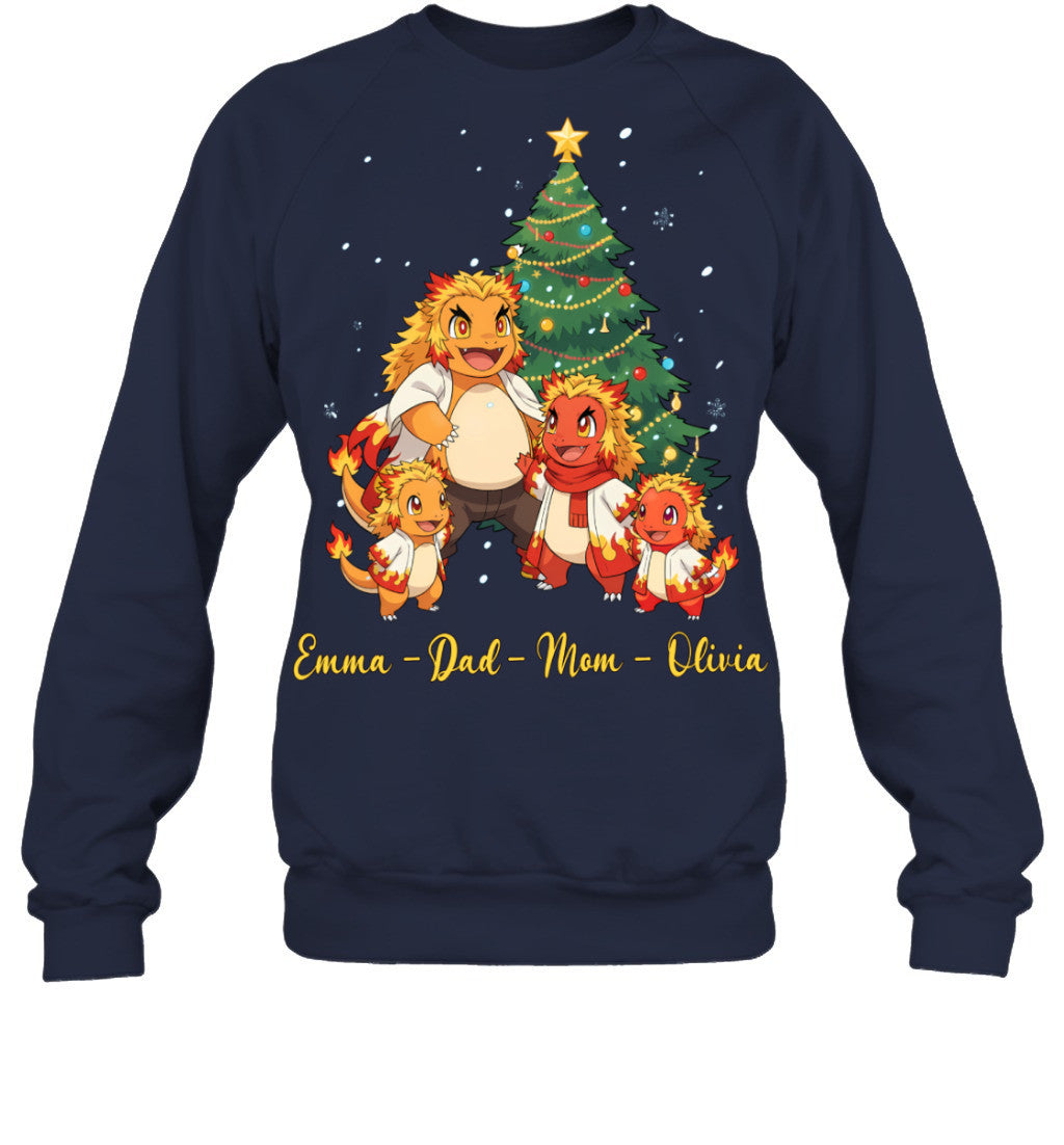 Charmander x Rengoku Parents & Kids Custom Name Christmas T-Shirt for Family