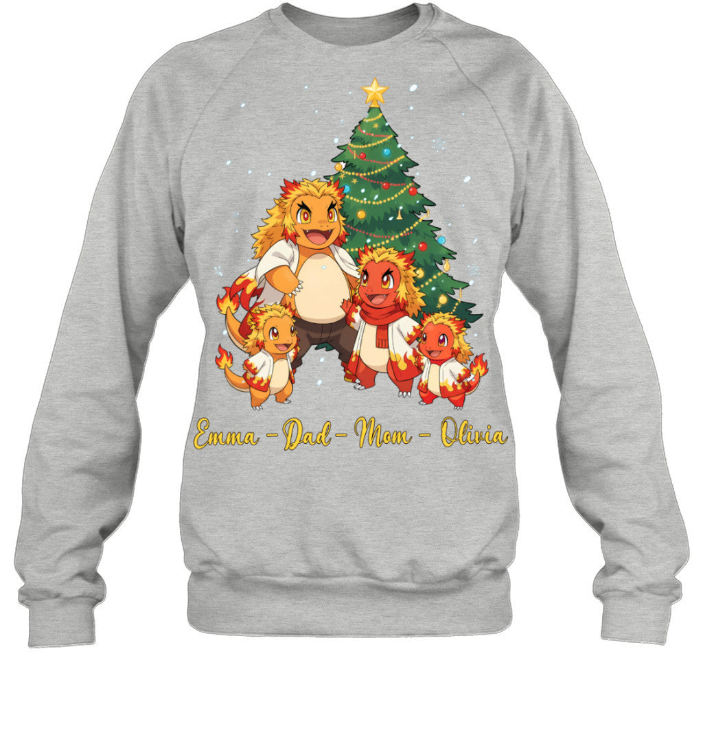 Charmander x Rengoku Parents & Kids Custom Name Christmas T-Shirt for Family