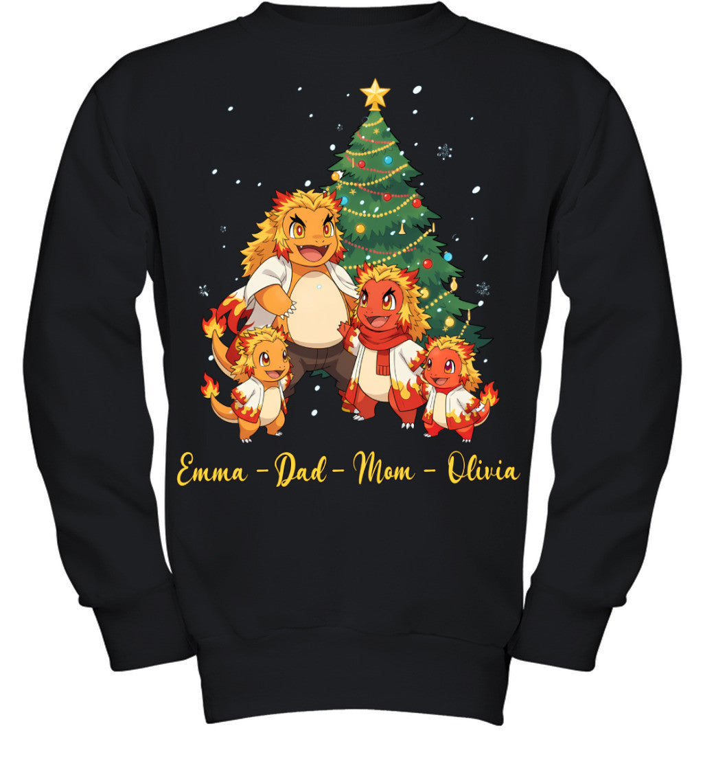 Charmander x Rengoku Parents & Kids Custom Name Christmas T-Shirt for Family