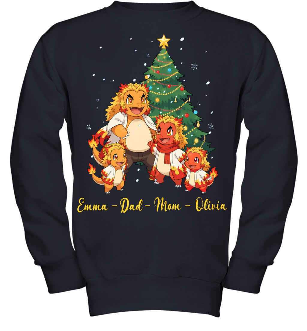 Charmander x Rengoku Parents & Kids Custom Name Christmas T-Shirt for Family