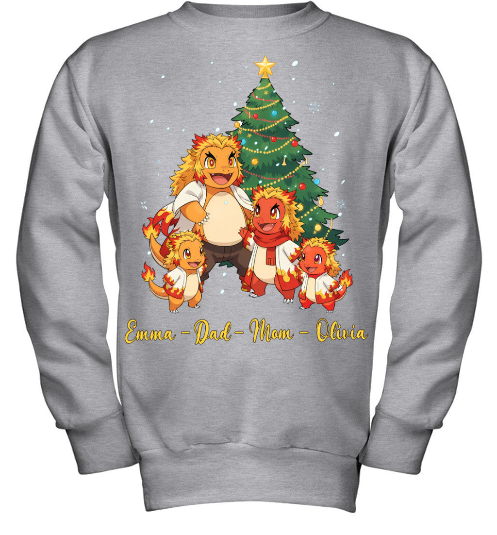 Charmander x Rengoku Parents & Kids Custom Name Christmas T-Shirt for Family