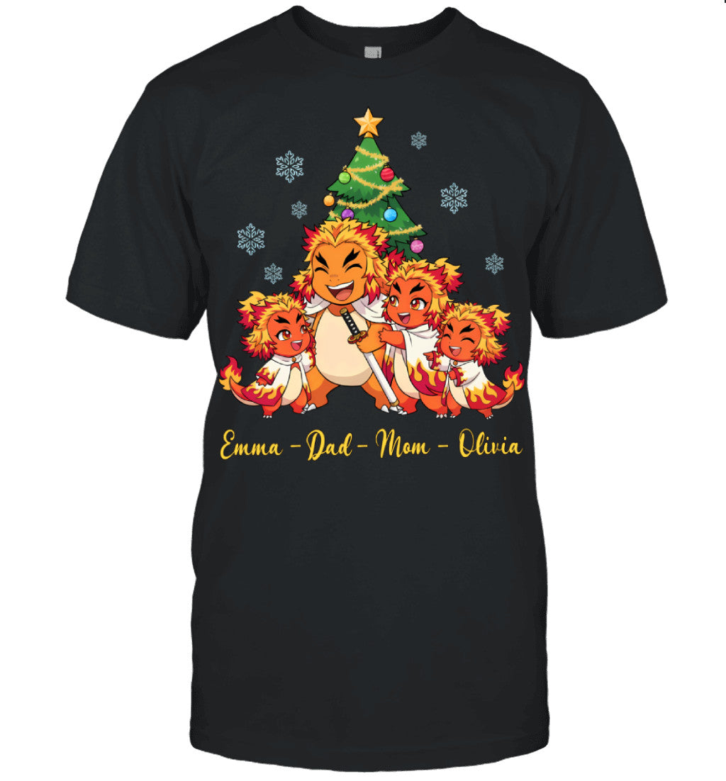 Charmander x Rengoku Parents & Daughters Custom Name Christmas T-Shirt for Family
