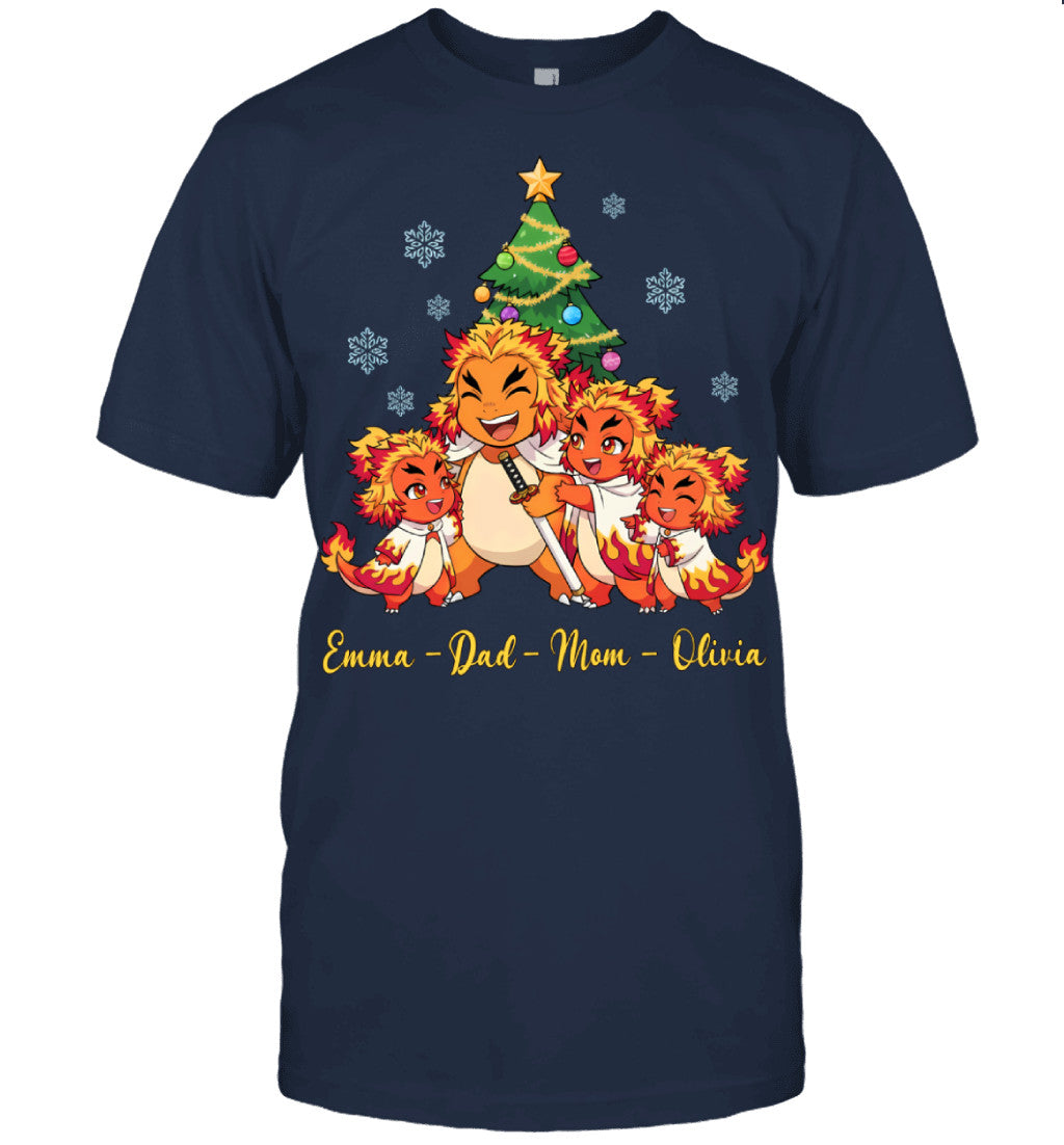 Charmander x Rengoku Parents & Daughters Custom Name Christmas T-Shirt for Family