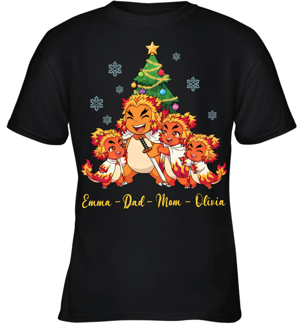 Charmander x Rengoku Parents & Daughters Custom Name Christmas T-Shirt for Family