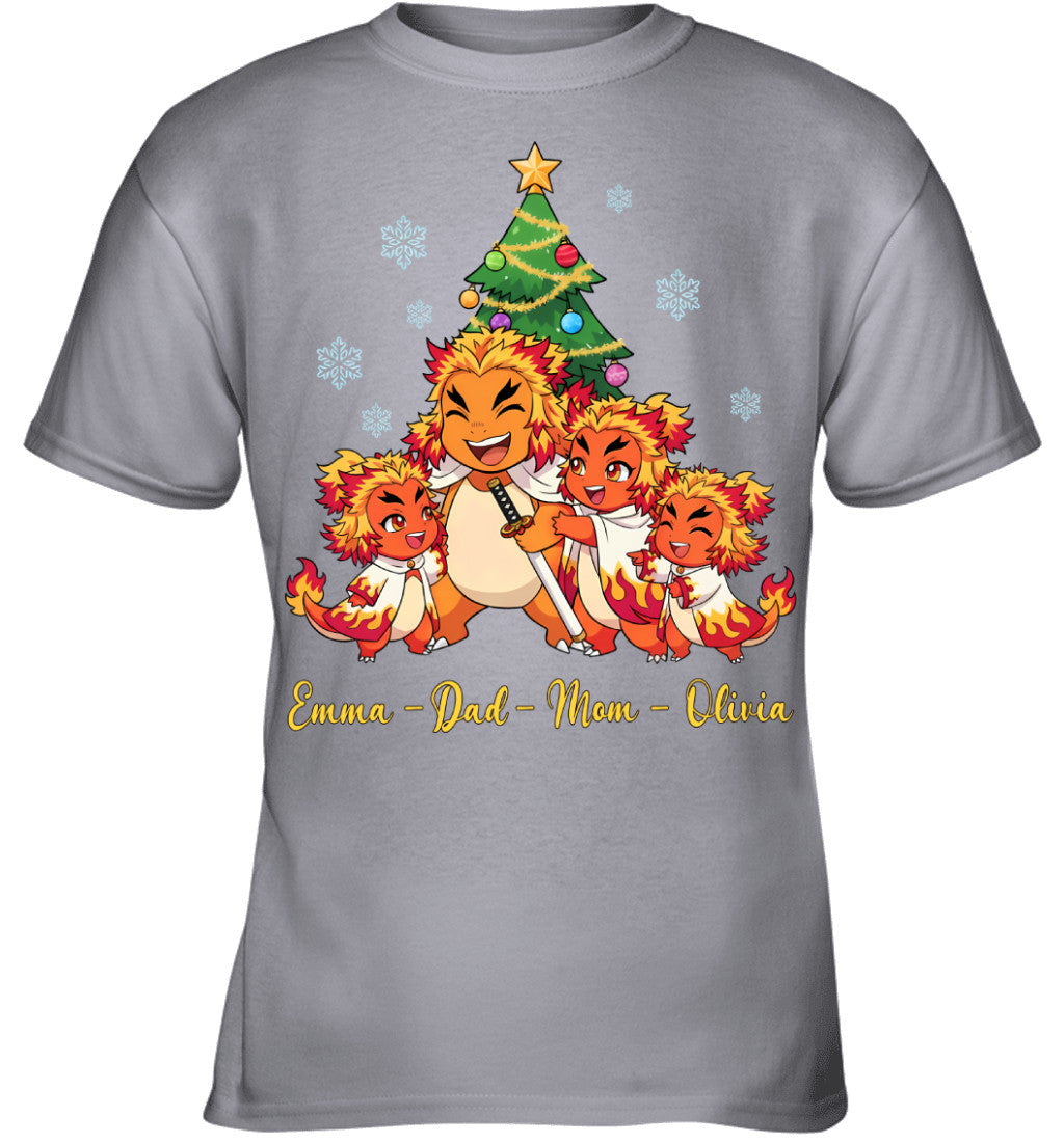 Charmander x Rengoku Parents & Daughters Custom Name Christmas T-Shirt for Family