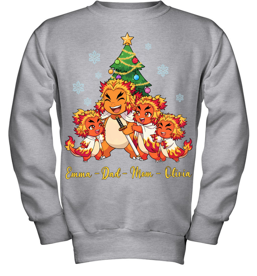 Charmander x Rengoku Parents & Daughters Custom Name Christmas T-Shirt for Family