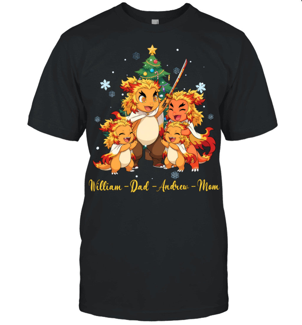 Charmander x Rengoku Parents & Sons Custom Name Christmas T-Shirt for Family