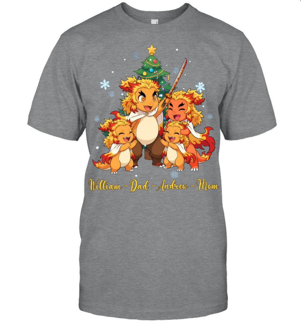 Charmander x Rengoku Parents & Sons Custom Name Christmas T-Shirt for Family