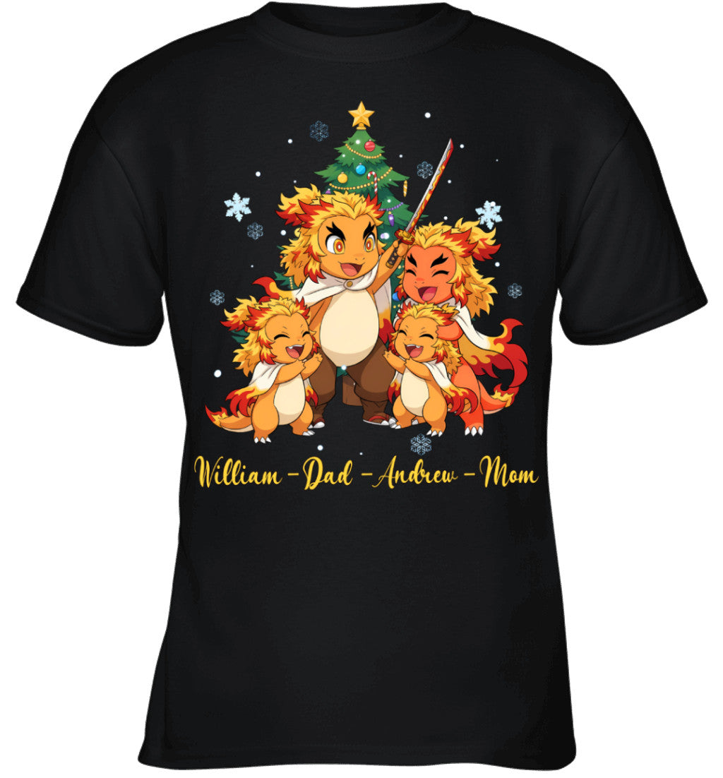 Charmander x Rengoku Parents & Sons Custom Name Christmas T-Shirt for Family