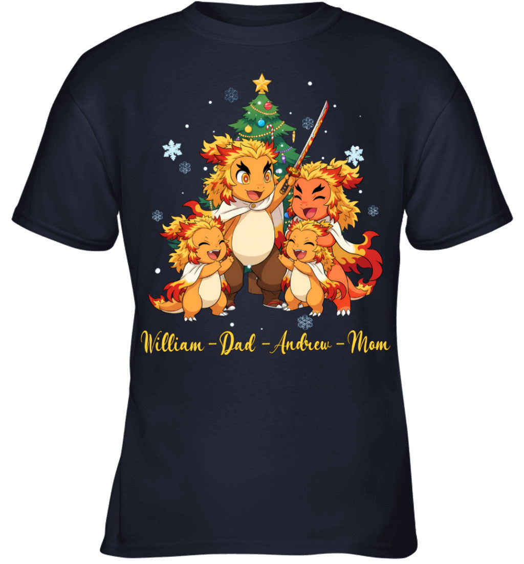 Charmander x Rengoku Parents & Sons Custom Name Christmas T-Shirt for Family