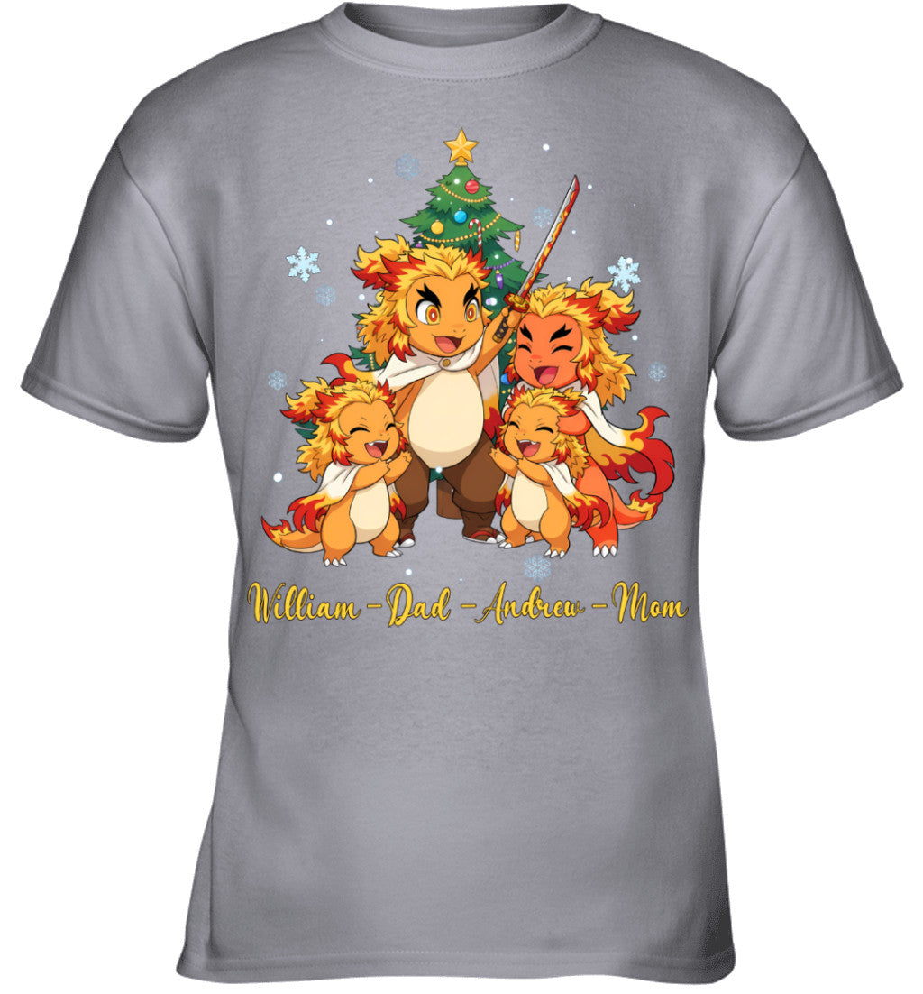 Charmander x Rengoku Parents & Sons Custom Name Christmas T-Shirt for Family