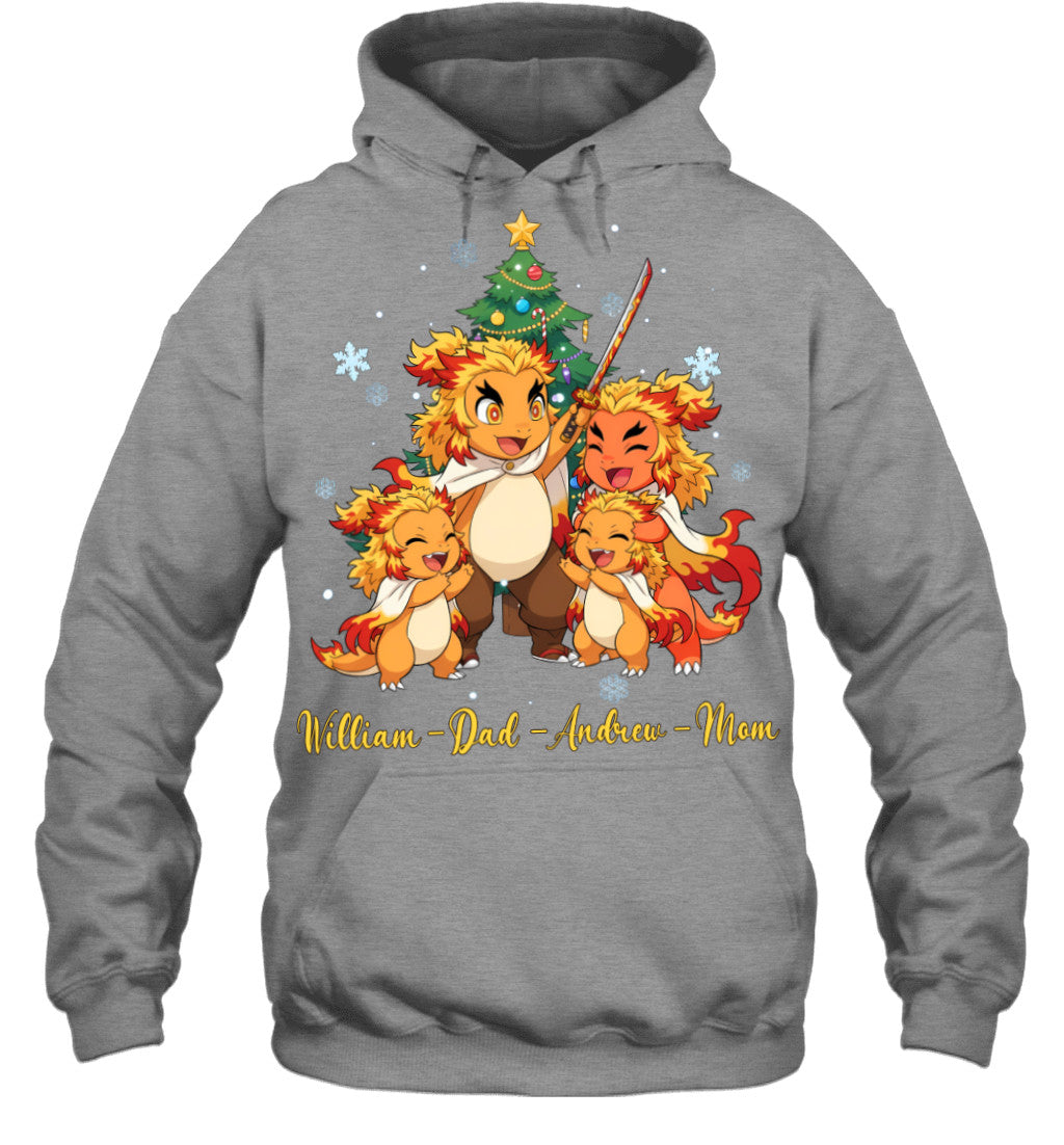 Charmander x Rengoku Parents & Sons Custom Name Christmas T-Shirt for Family