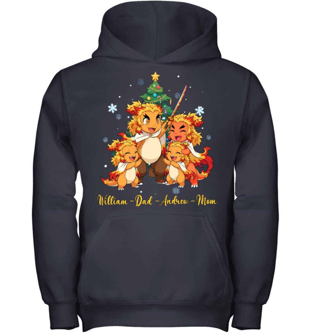 Charmander x Rengoku Parents & Sons Custom Name Christmas T-Shirt for Family