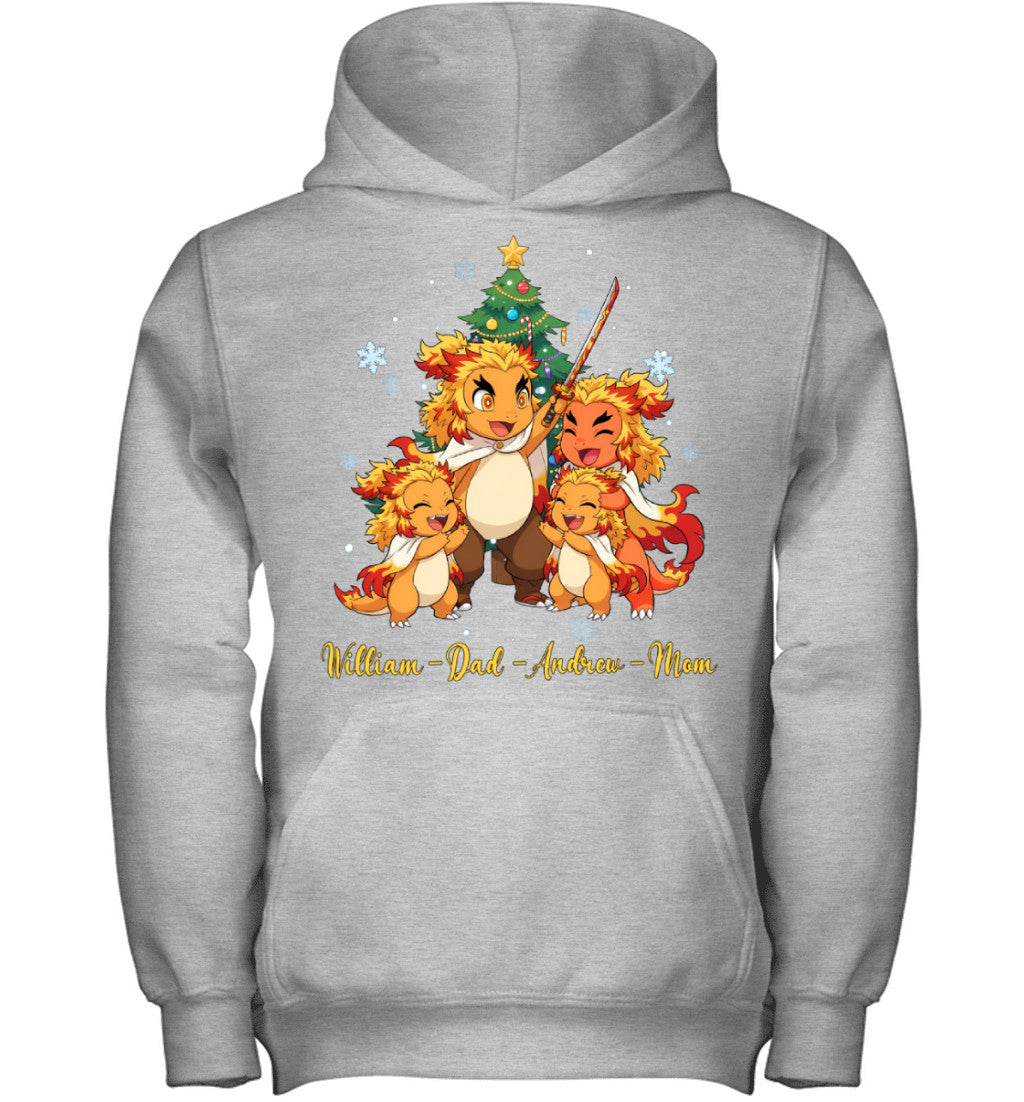 Charmander x Rengoku Parents & Sons Custom Name Christmas T-Shirt for Family