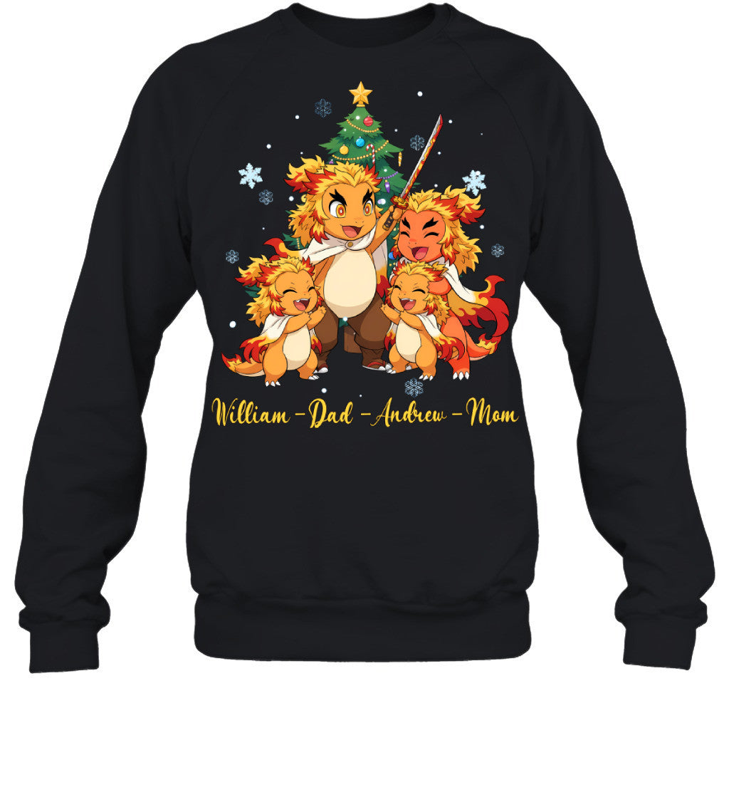 Charmander x Rengoku Parents & Sons Custom Name Christmas T-Shirt for Family