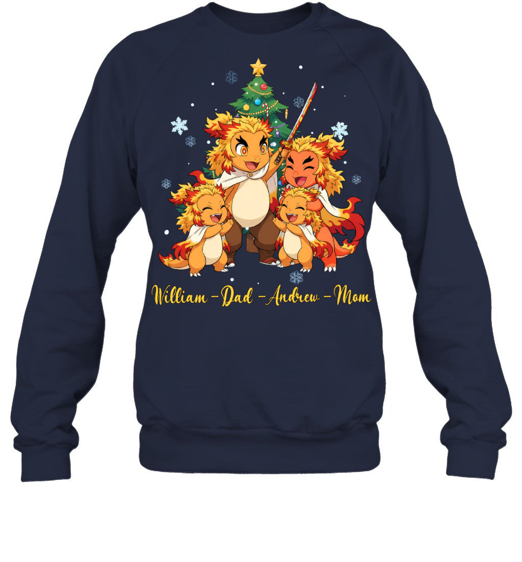 Charmander x Rengoku Parents & Sons Custom Name Christmas T-Shirt for Family