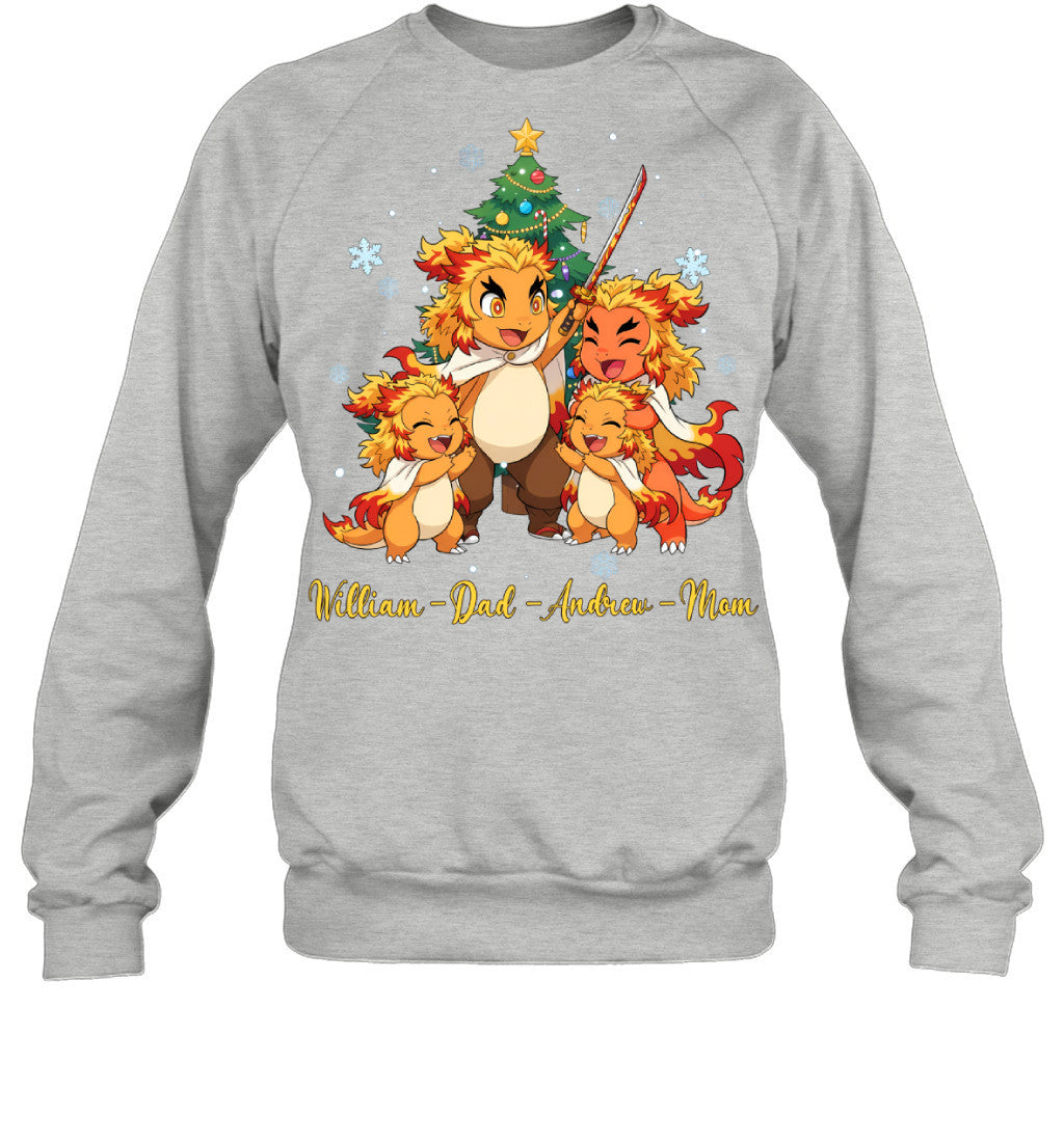 Charmander x Rengoku Parents & Sons Custom Name Christmas T-Shirt for Family