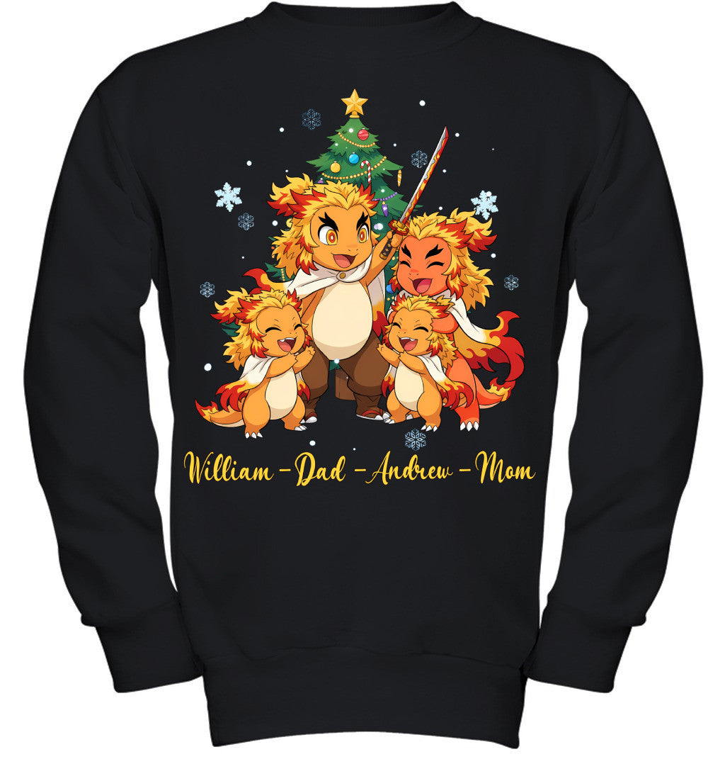 Charmander x Rengoku Parents & Sons Custom Name Christmas T-Shirt for Family