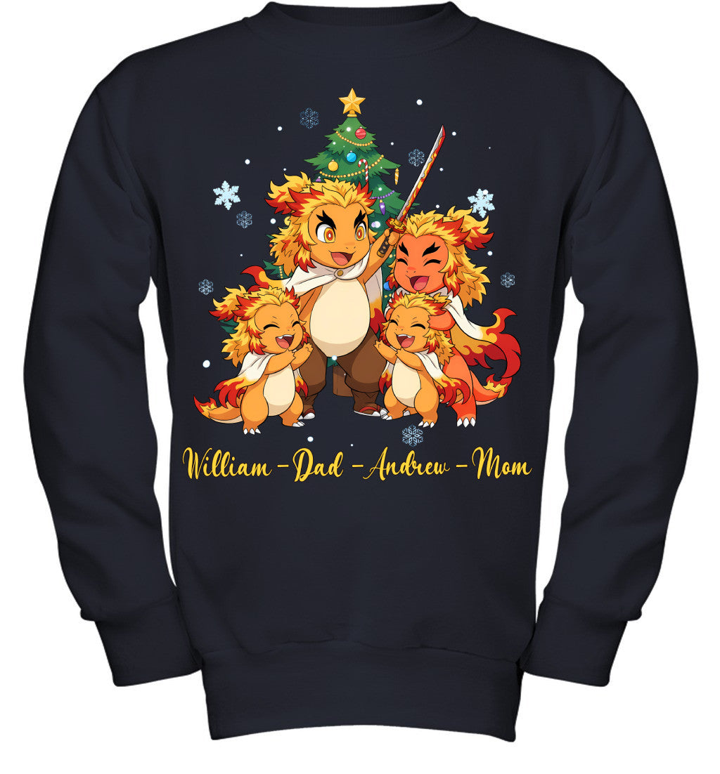 Charmander x Rengoku Parents & Sons Custom Name Christmas T-Shirt for Family