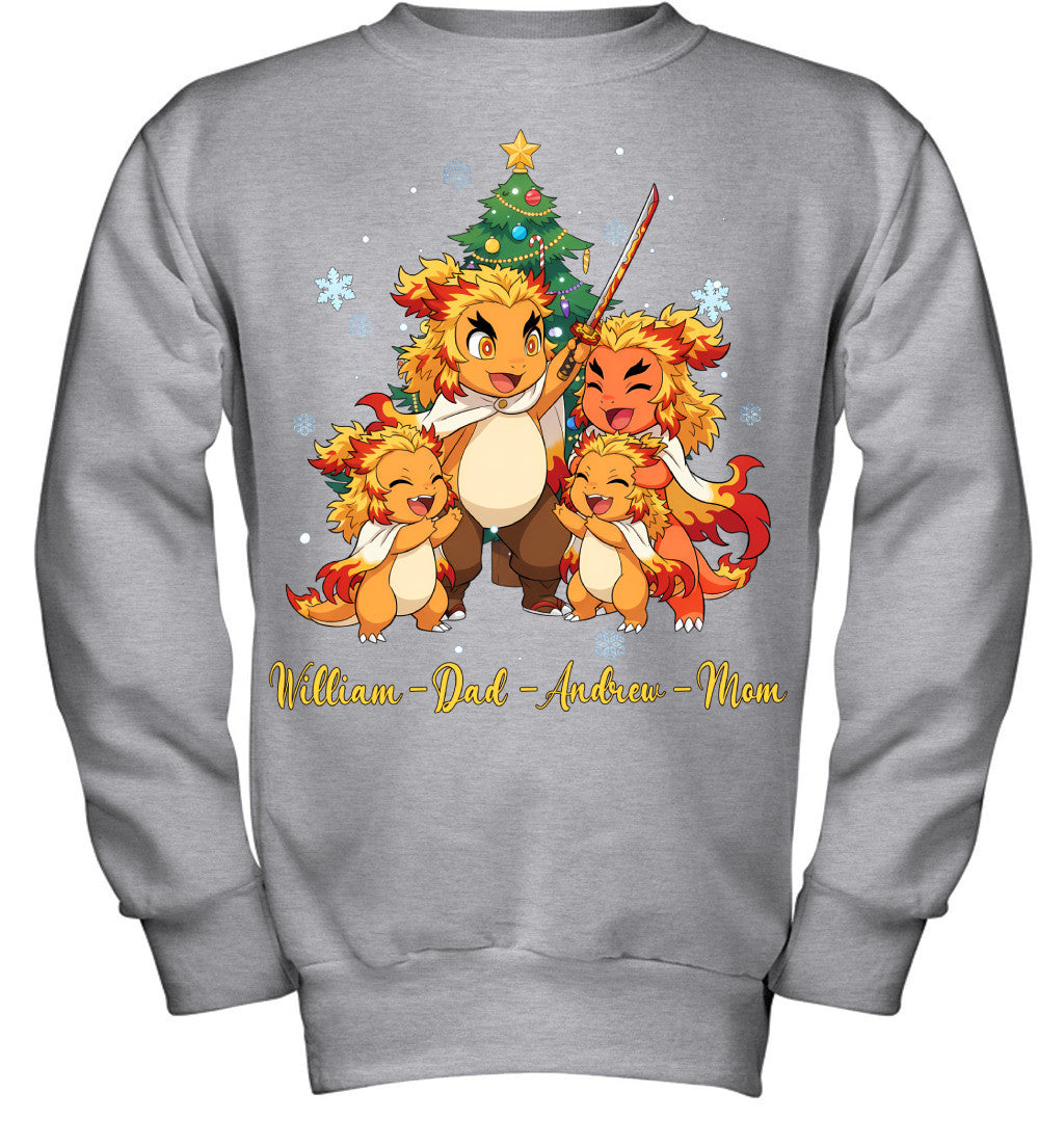Charmander x Rengoku Parents & Sons Custom Name Christmas T-Shirt for Family