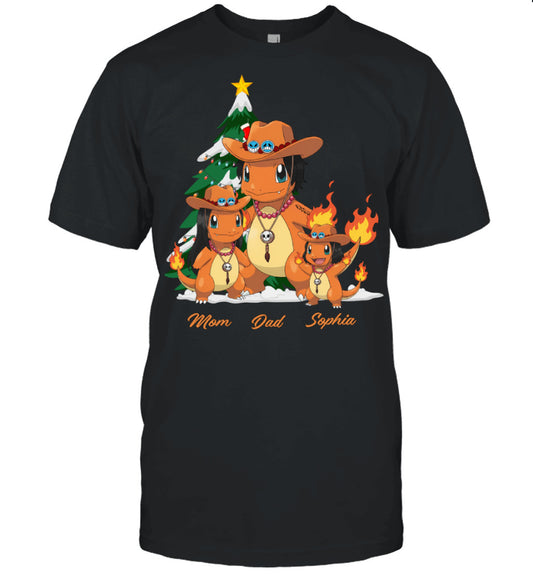 Charmander x Portgas D. Ace Parents & Daughter Custom Name Christmas T-Shirt for Family
