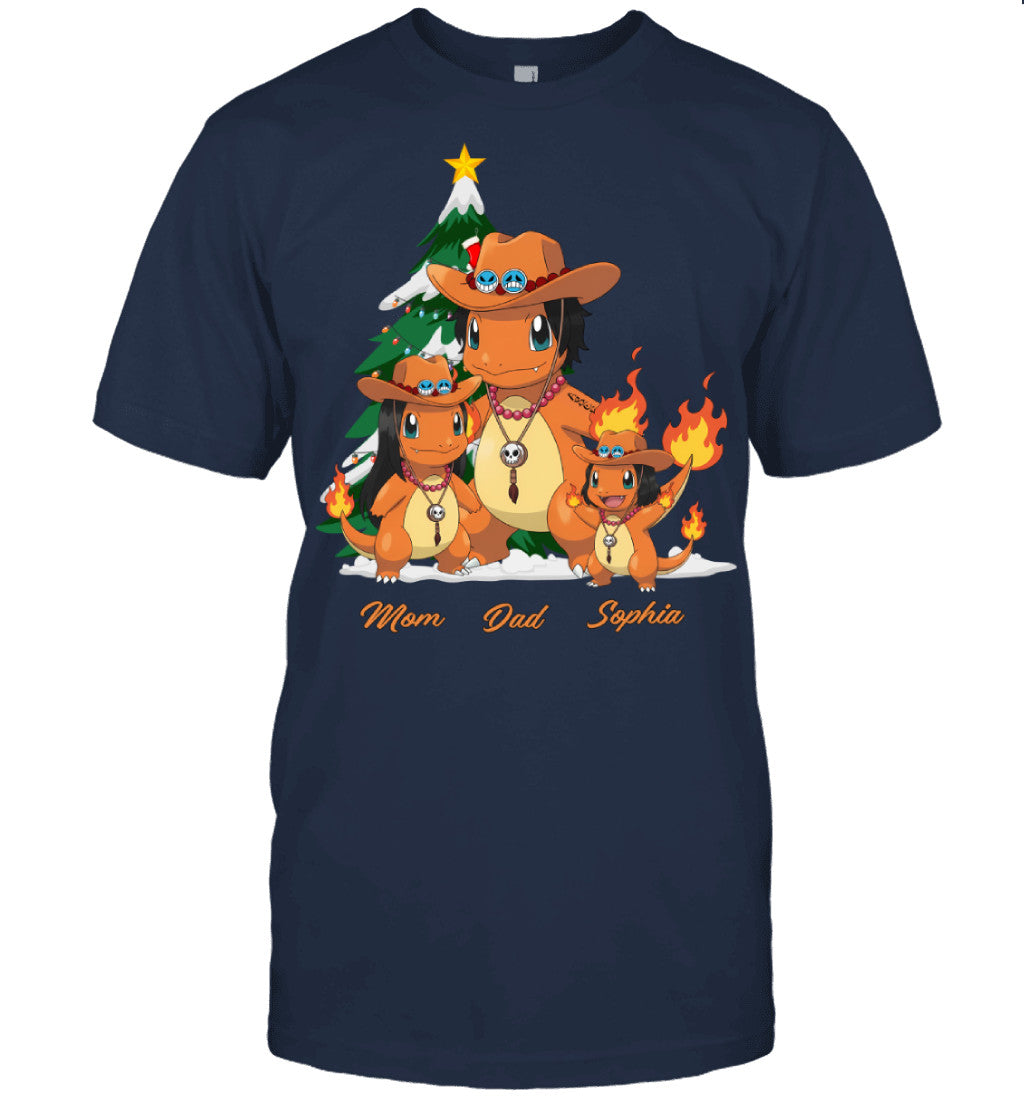 Charmander x Portgas D. Ace Parents & Daughter Custom Name Christmas T-Shirt for Family