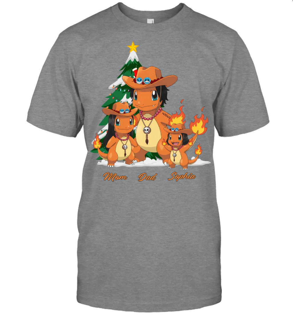 Charmander x Portgas D. Ace Parents & Daughter Custom Name Christmas T-Shirt for Family