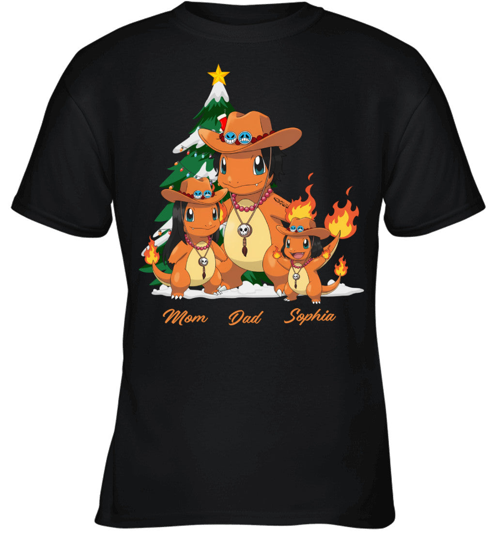 Charmander x Portgas D. Ace Parents & Daughter Custom Name Christmas T-Shirt for Family