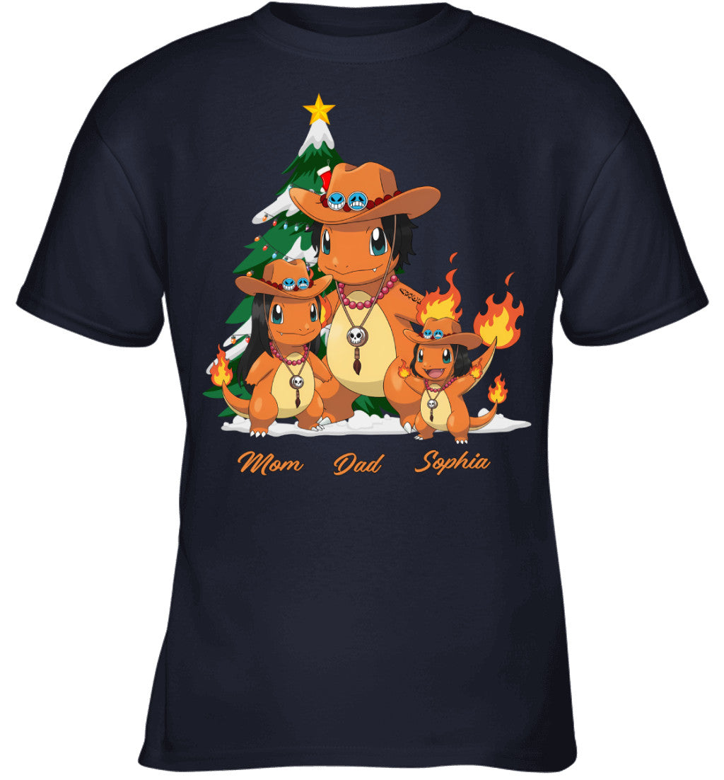 Charmander x Portgas D. Ace Parents & Daughter Custom Name Christmas T-Shirt for Family