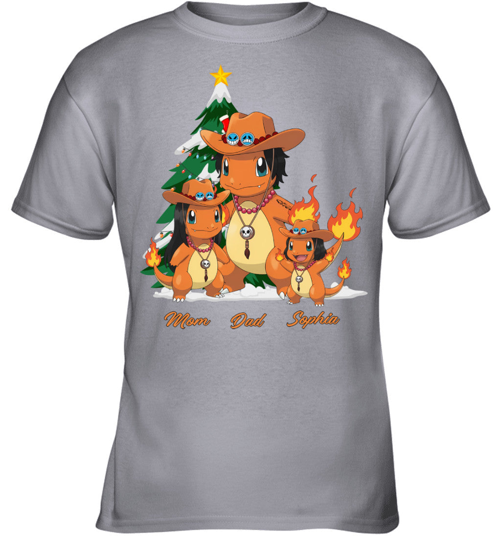 Charmander x Portgas D. Ace Parents & Daughter Custom Name Christmas T-Shirt for Family