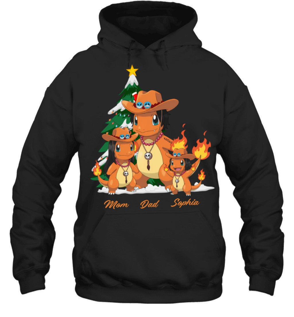 Charmander x Portgas D. Ace Parents & Daughter Custom Name Christmas T-Shirt for Family
