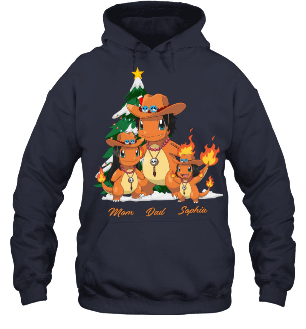 Charmander x Portgas D. Ace Parents & Daughter Custom Name Christmas T-Shirt for Family