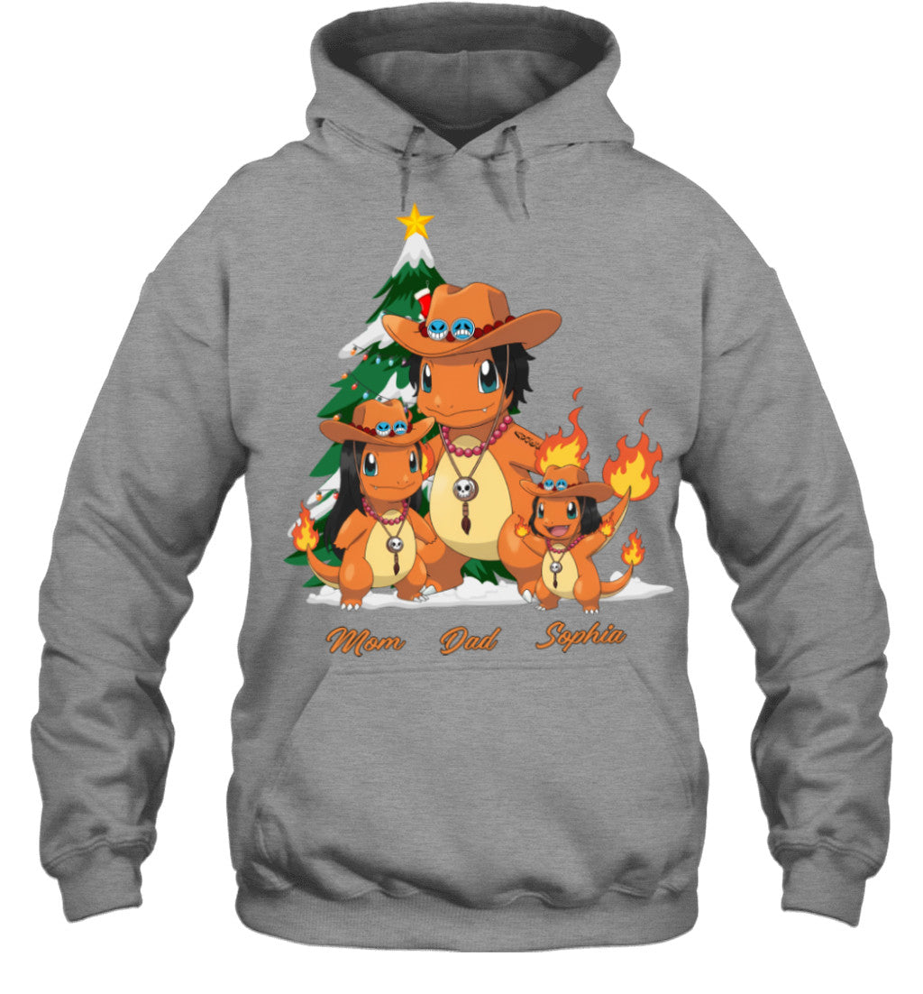 Charmander x Portgas D. Ace Parents & Daughter Custom Name Christmas T-Shirt for Family