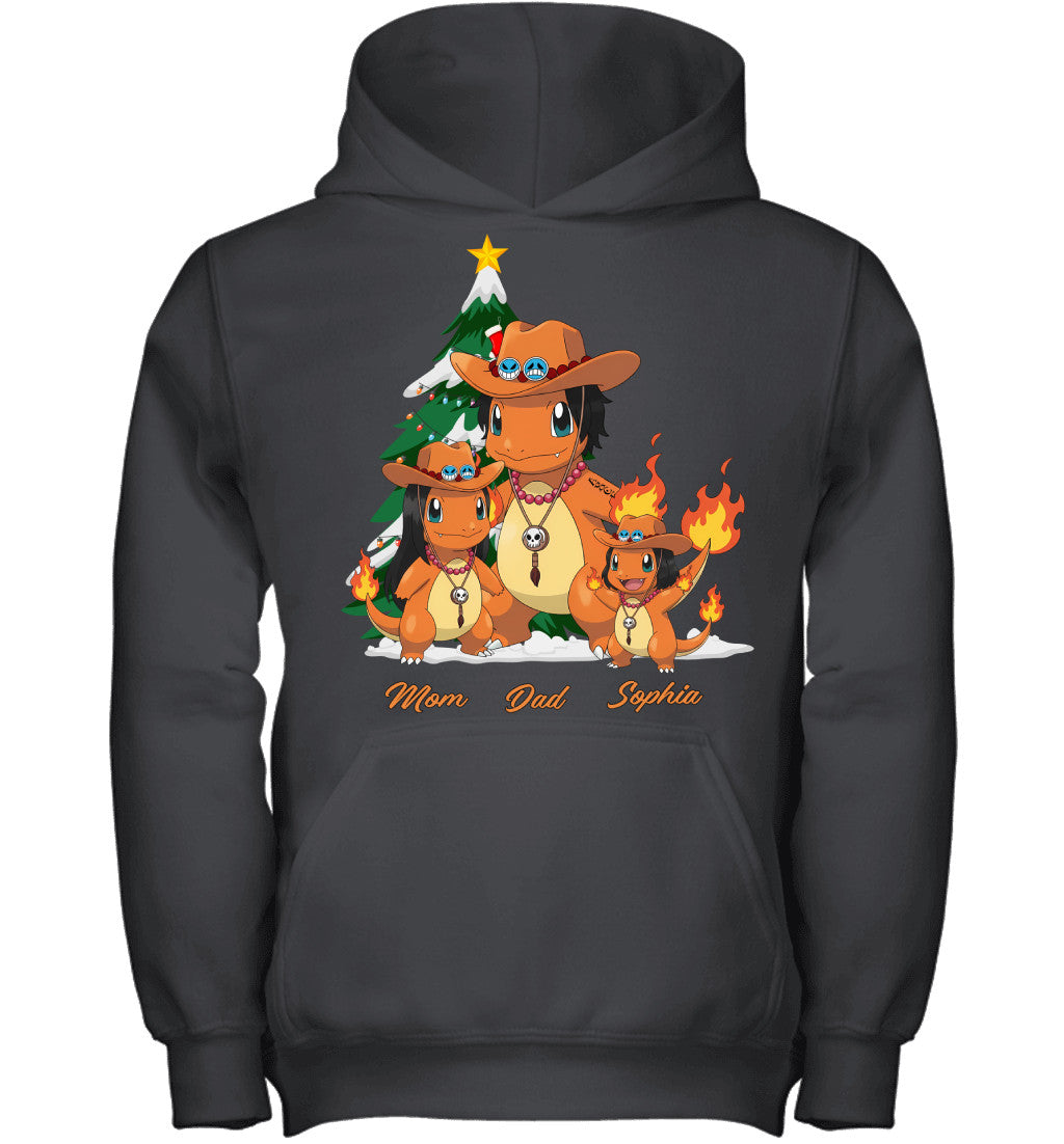 Charmander x Portgas D. Ace Parents & Daughter Custom Name Christmas T-Shirt for Family