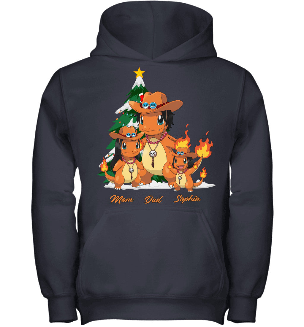 Charmander x Portgas D. Ace Parents & Daughter Custom Name Christmas T-Shirt for Family