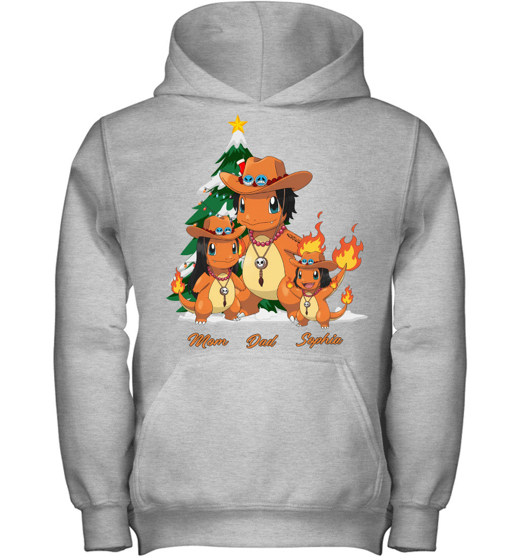 Charmander x Portgas D. Ace Parents & Daughter Custom Name Christmas T-Shirt for Family
