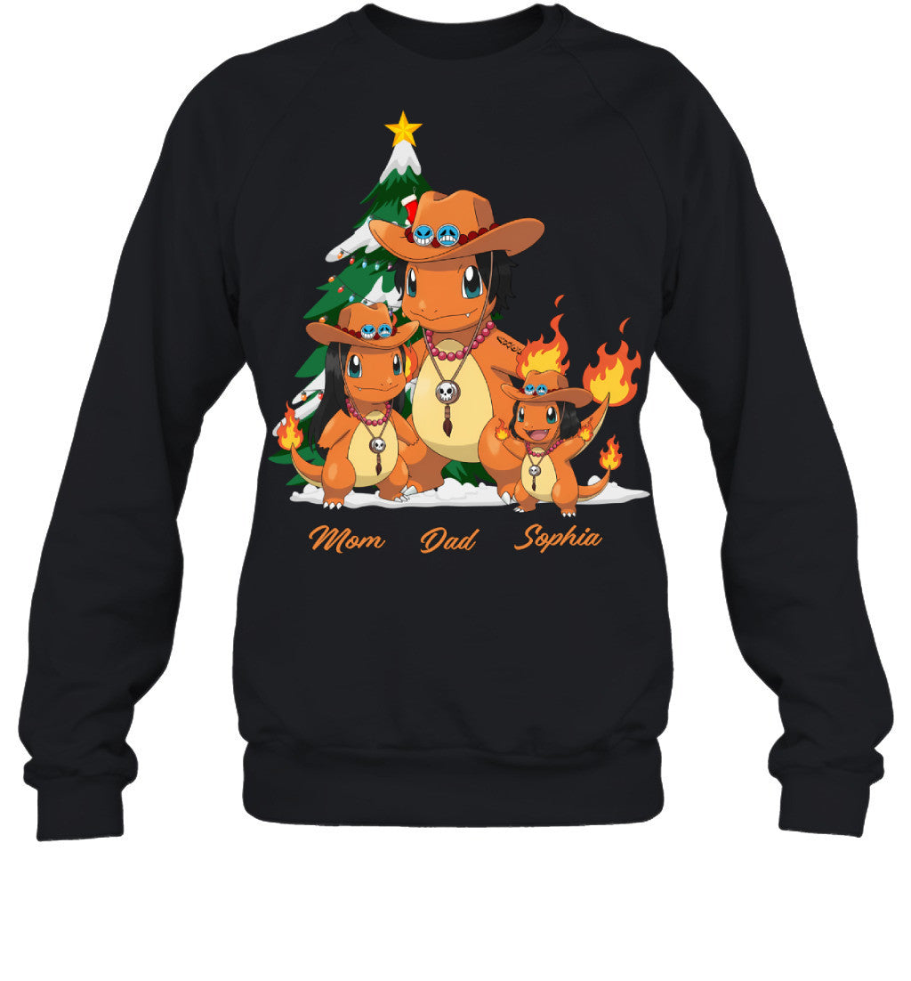 Charmander x Portgas D. Ace Parents & Daughter Custom Name Christmas T-Shirt for Family
